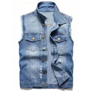 Streetwear Blue Men's Cowboy Jacket Trendy Brand High Street Versatile Short Sleeve Vest Personalized Washed Punch Haired Men's Coat