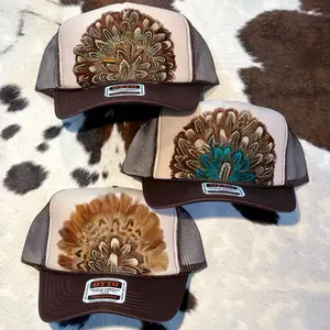 Otto Western Feather Crown Trucker Hat Brown - 1970s Inspired Semi-Structured Foam Hat with Unique Feather Design Snap Closure & Curved Visor