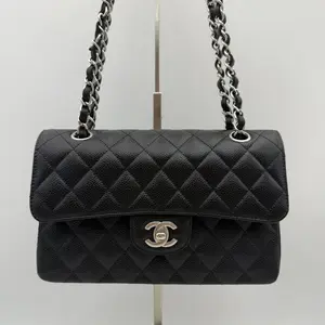 Pre-owned CHANEL Classic Flap Medium Black Caviar Leather Silver Hardware Quilted Crossbody Bag Chip Version