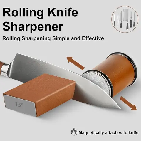 Rolling knife sharpener set with diamond and ceramic discs, 15°20°, different angles for sharp edges, suitable for any hardness of steel, wooden grips for honing knives sharpening Kitchen Gadgets