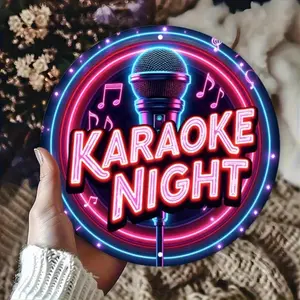 Aluminum Neon Sign Wall Decor, 1pc Round Frameless Karaoke Night Light With Microphone And Music Note Shape, 7.87x7.87 Inch For Home Bar Party Game Room Man Cave