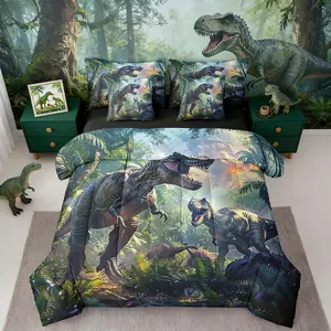 3D Realistic Dinosaur Comforter Bed Set,7 Piece Bed Bag,Tropical Jungle Wild Animals Bedding Set,Dino Sheet Set with Comforter,