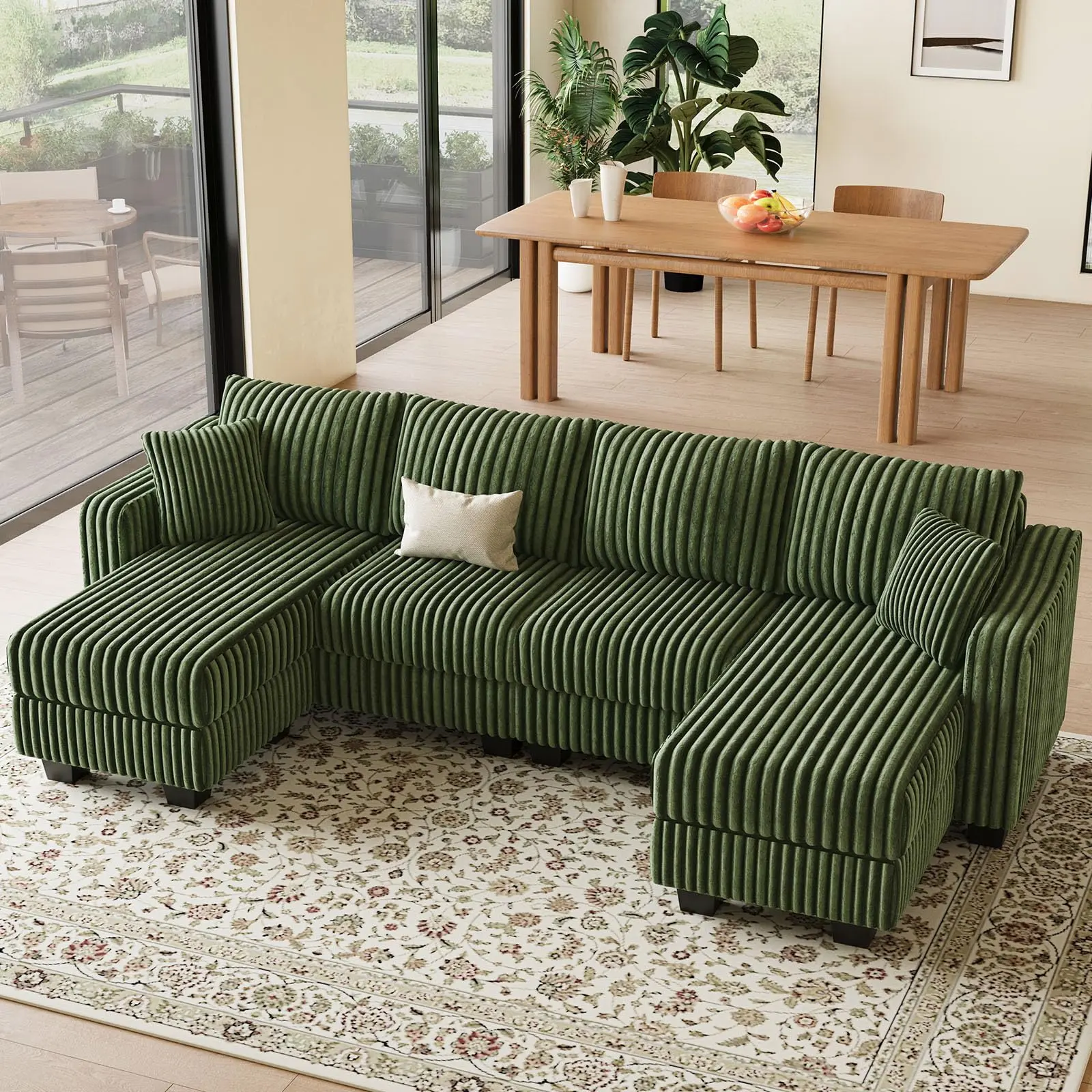 Convertible Sectional Couch with Chaise Corner Sectional Sofa L Shaped Couch Reversible Corner Upholstered Couches for Living Room Corduroy (Green, V Shaped)