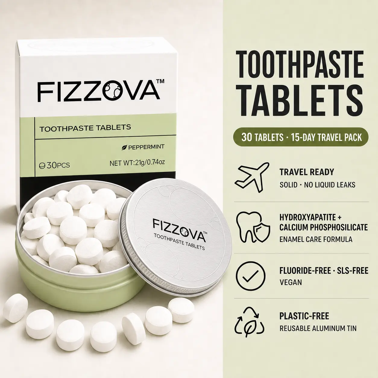 FIZZOVA Toothpaste Tablets, 30 Count Fresh Mint Toothpaste Tabs with Hydroxyapatite, Calcium Phosphosilicate, Xylitol & Probiotics, Fluoride-Free, SLS-Free, Vegan, Plastic-Free, Fast-Foaming Chewable Toothpaste Bites in Reusable Aluminum Travel Tin