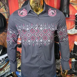 Lamasini Men's Embroidered Black Western Shirt with Geometric Patterns and Long Sleeves