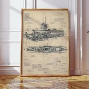 Vintage WW2 Submarine Blueprint Print Unframed, War Poster, Cool Prints, Vehicle Print, Pop Art Prints, Home Decor, Airplane Poster, Wall Art Gifts for Him/Her, Wall Art Print, Poster For Gift