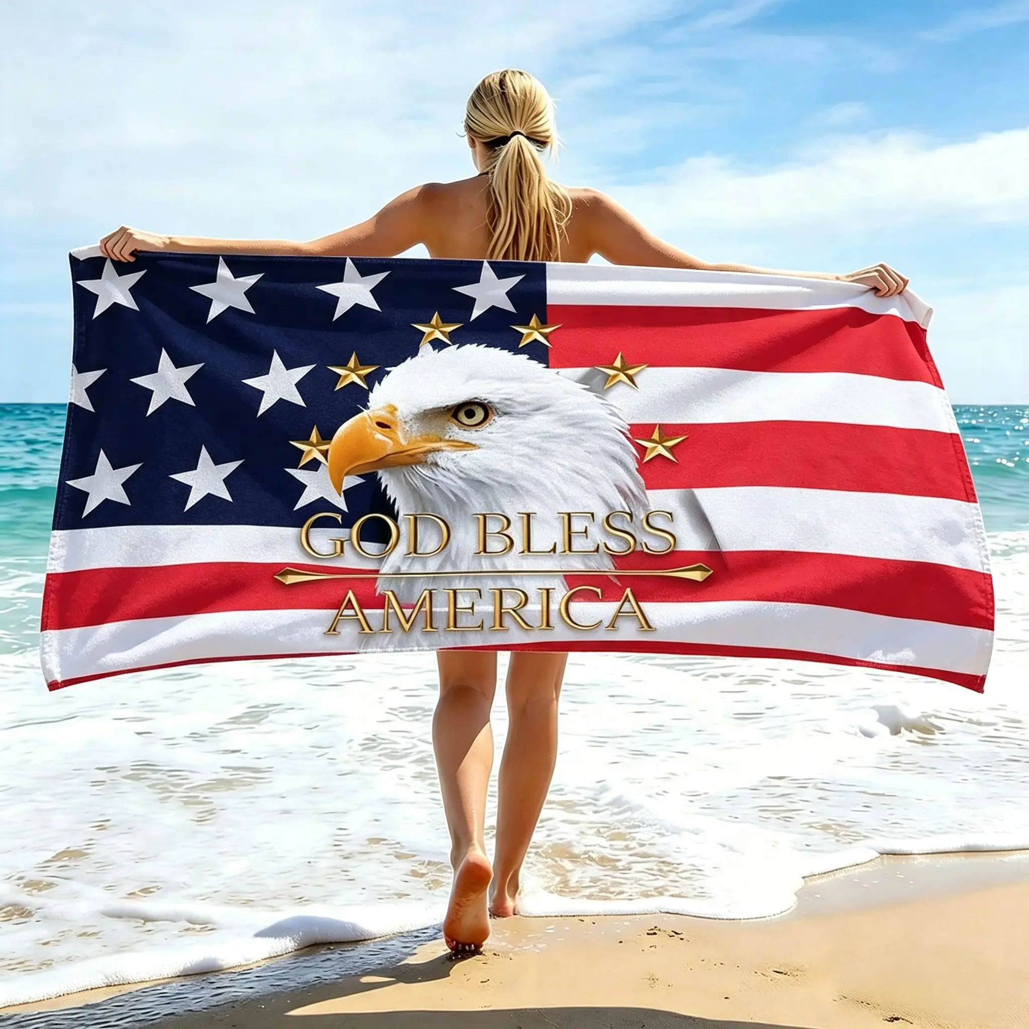 American Flag Eagle & Independence Day Star Print Bath Towel, Ultra-Fine Fiber, Highly Absorbent, Sand-Resistant, Unisex for Travel, Yoga, Swimming