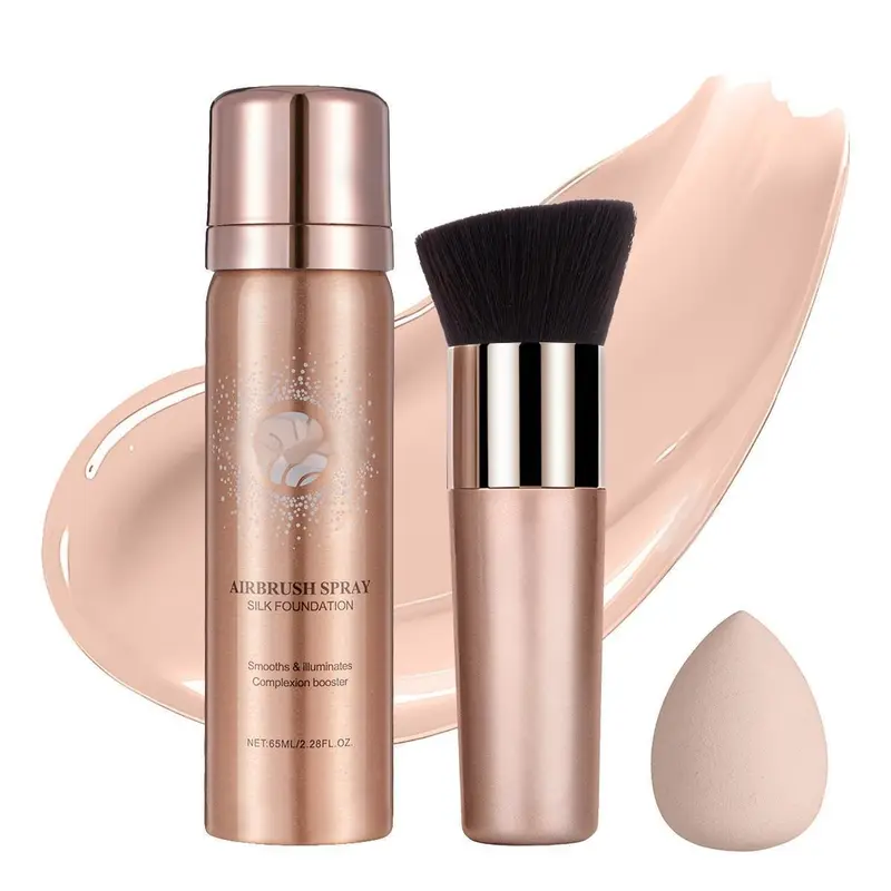 Silky AirBrush Foundation & Concealer Cosmetic Kit with Brush, Sponge - High Coverage Matte Spray, Lightweight Translucent Foggy Finish, Waterproof, Brightening, Acne-Friendly, Hydrating, Long-Lasting, Transfer-Proof, Even Skin Tone, #Natural Makeup Gift