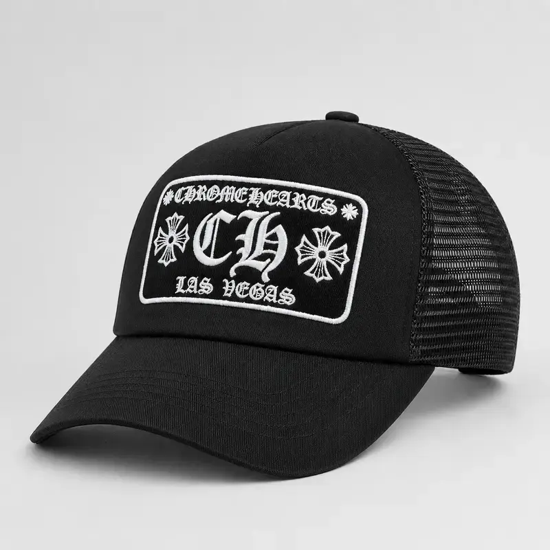 Chrome Hearts Gothic Cross Trucker Hat for Men & Women, Black and White Embroidered Mesh Snapback Cap, Adjustable Biker Rock Baseball Hat for Streetwear & Casual Outdoor Style