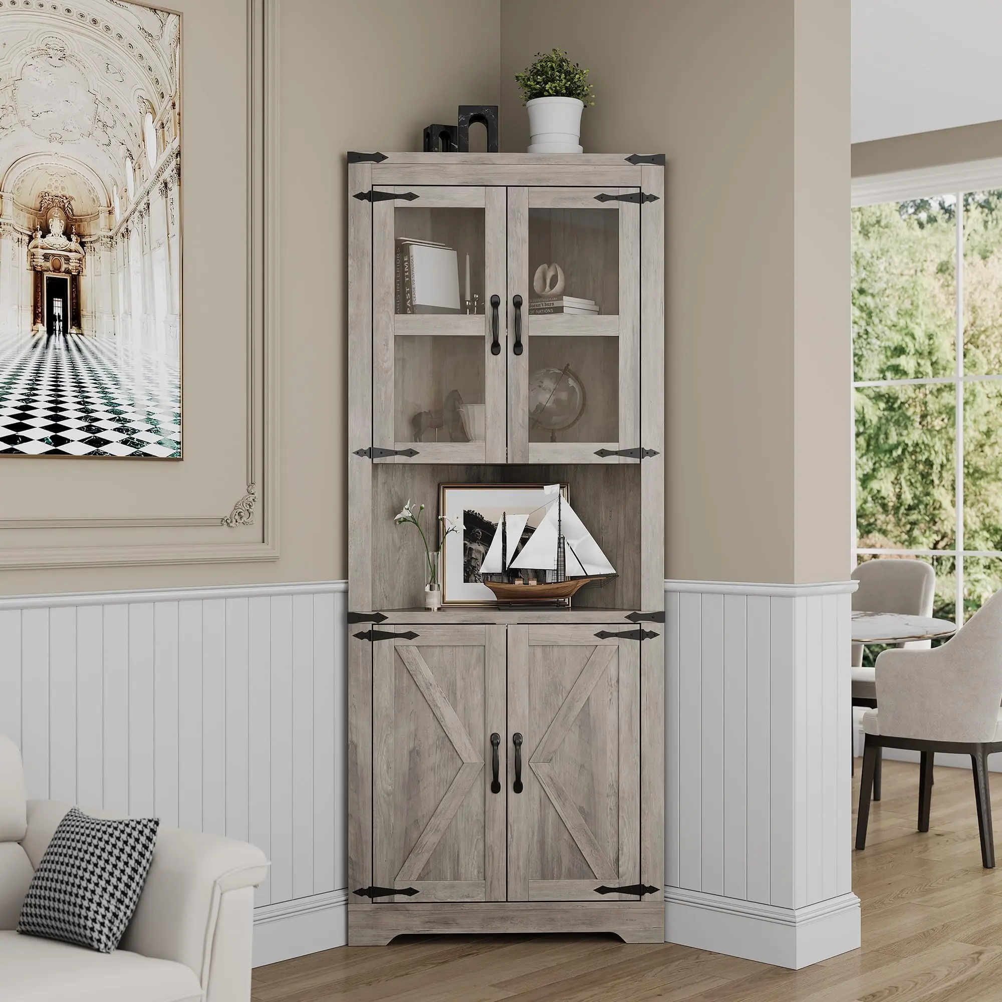 69" Tall Corner Storage Cabinet with Doors – 6-Tier Farmhouse Hutch with Glass Door & Adjustable Shelves – Organizer for Living Room, Kitchen, Bathroom – Washed Grey