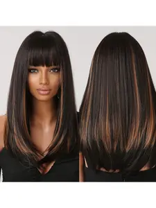 Long Black Wigs for Women 22 inch Shouler-Length Straight Black Mixed Blonde with Bangs Natural Synthetic Wig Hair Repalcement Wig for Daily Party Use