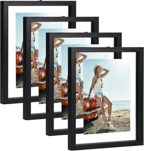 5x7 Floating Picture Frames Set of 4, Double Glass Photo Frame Display up to 7 x 9 Photos for Desktop or Wall Hanging, Black