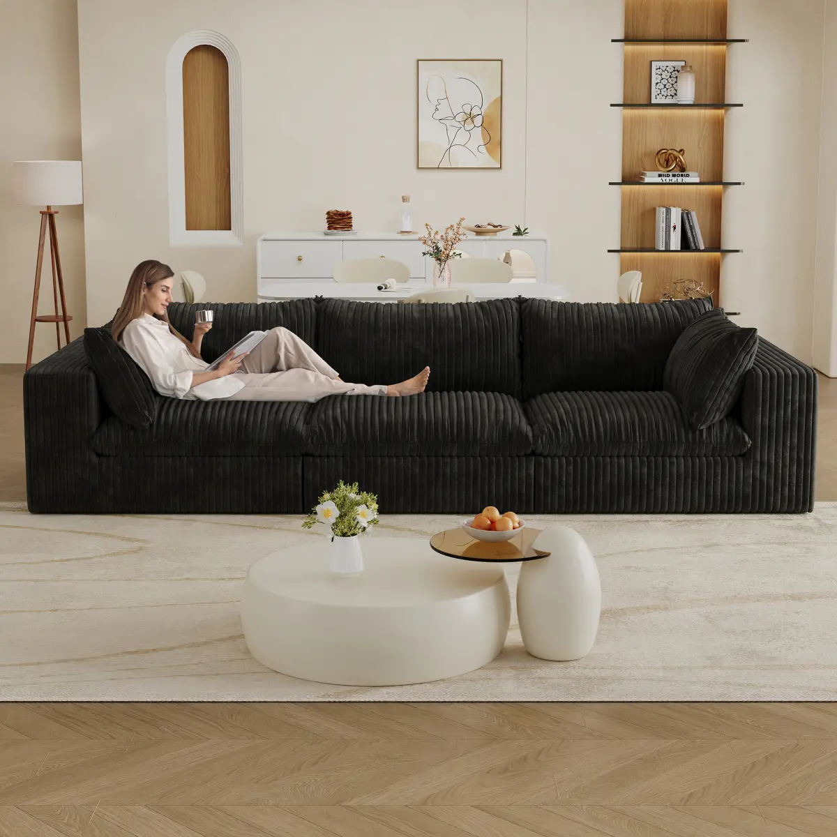 118" Modular Sofa Sectional Boneless Couch, Corduroy Oversized 3-Seater Cloud Couches with Removable Cushion, No Assembly Required, Deep-Seat Cozy Fluffy Couches for Living Room| Compression, Free Combination, Luxurious, Throw Pillow