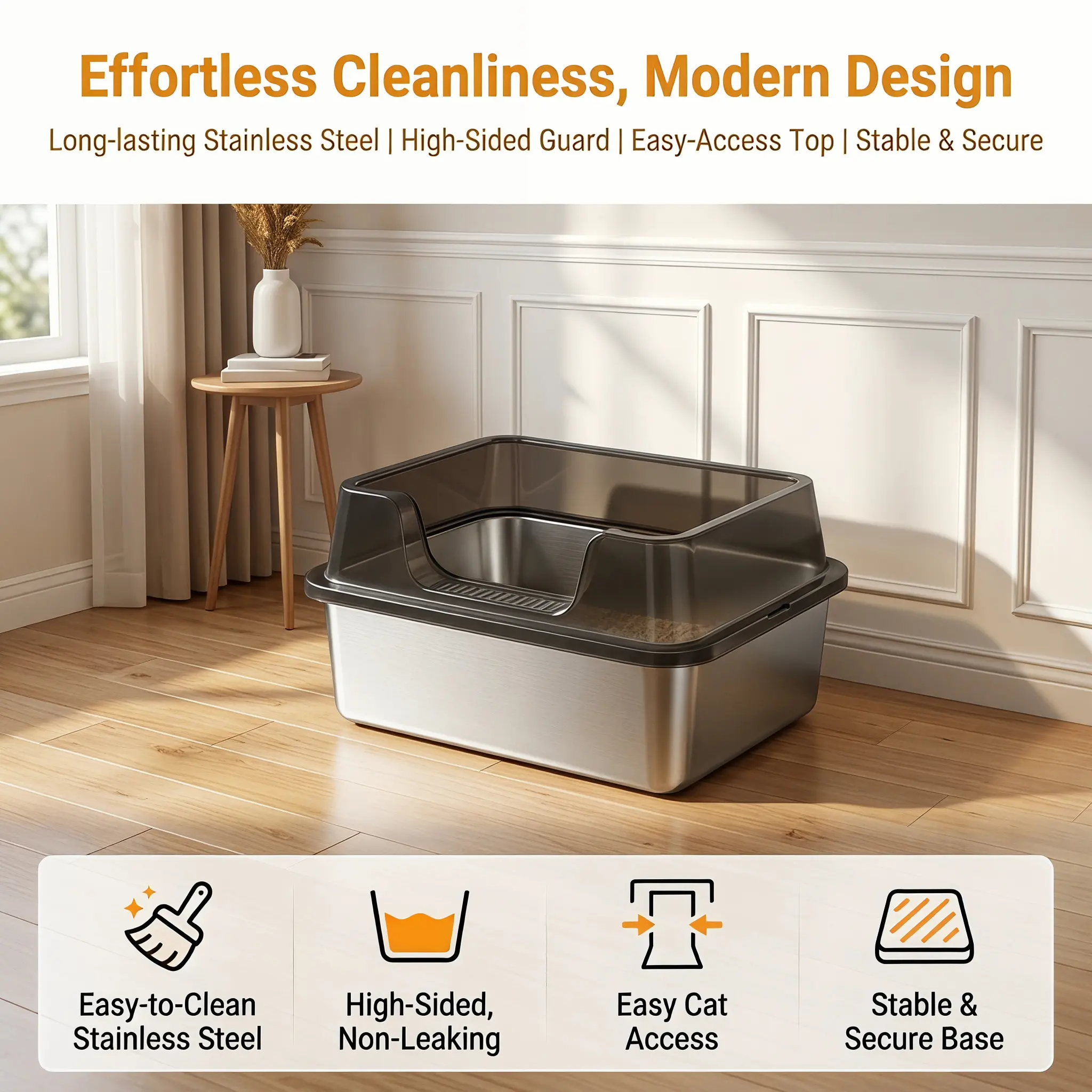 YJ-Garvee Two sizes Extra Large Stainless Steel Cat Litter Box with High-Sided Open Design, Detachable Wall, Easy-Clean Anti-Scatter Metal Pan, Rust-Resistant PP Base, Includes Scoop, Ideal for Large Cats and Multi-Cat Homes,