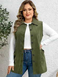 Plus Size Women’s Olive Corduroy Sleeveless Short Vest Gilet, Womenswear Vintage Casual Commuter Layering, Collared Single Button Pocket Coat