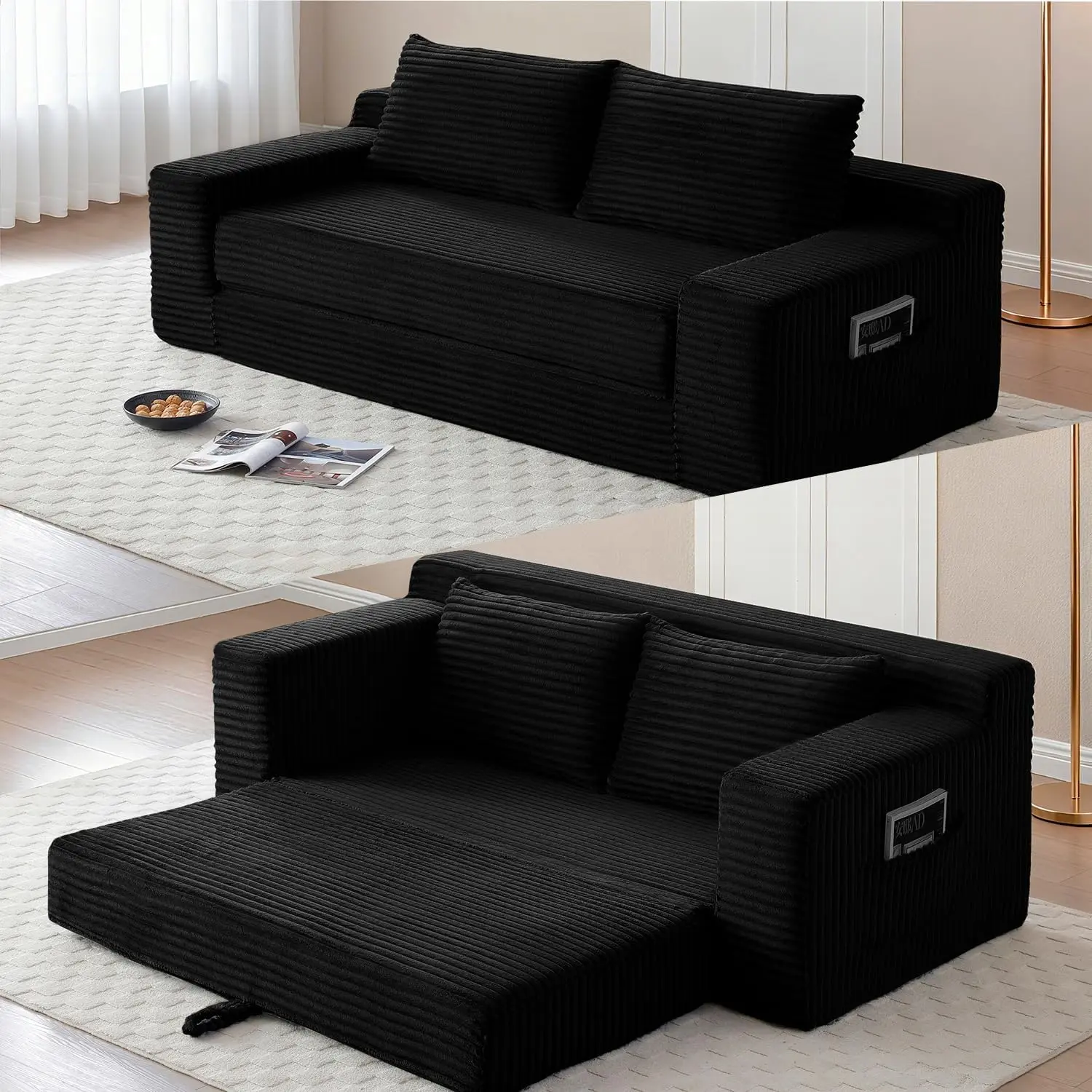 73" Cloud Loveseat Sofa 2-Seater Couch Memory Foam 2 in 1 Convertible Folding Couch Bed, Compressed Corduroy Floor Lounge Sofa, No Assembly for Apartment Office Bedroom Living Room (Black)