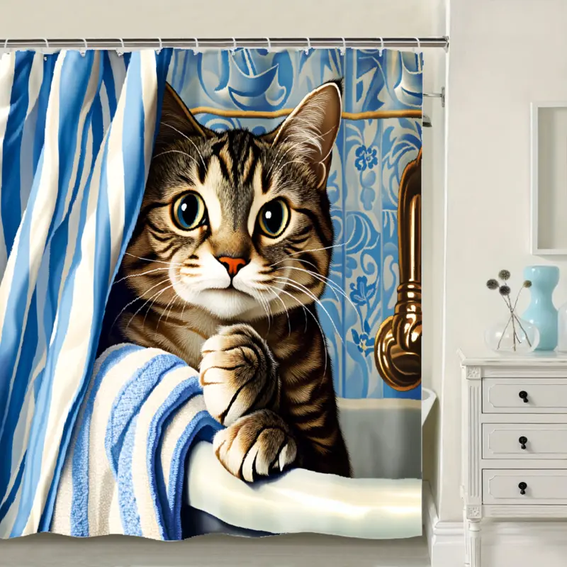 Cat-Themed Polyester Shower Curtain - Adorable Humorous Animal Design, Plastic Hooks Included, Ideal for Bathroom Decor, Housewarming Gift