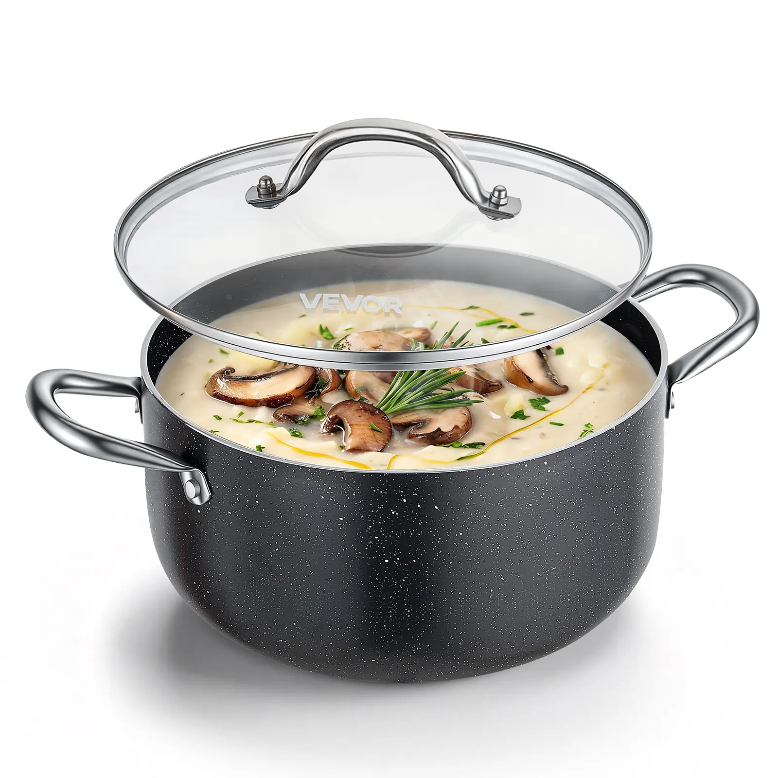 VEVOR 6-Quart Aluminum Nonstick Ceramic Coated Cookware Stock Pot with Glass Lid, Handles, PFOA-Free, PFAS-Free, Compatible with Gas, Induction & Electric Stoves, for Soups Stews, Pasta