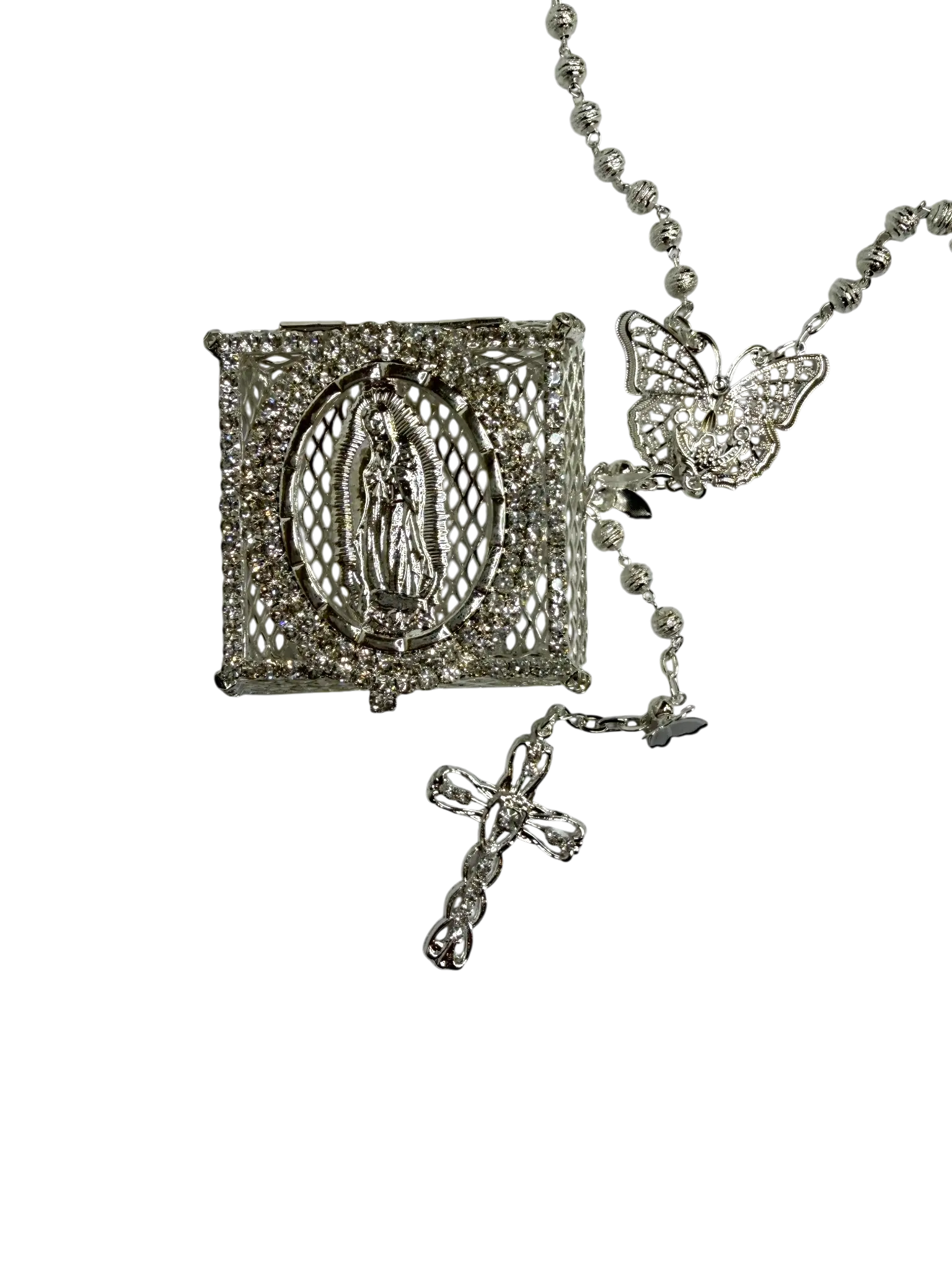 Silver Quinceañera Rosary Gift Set with Butterfly & Virgin Box