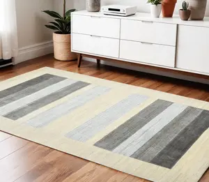 HomeRoots 4x6 ft. Ivory & Gray Striped Wool Hand-Woven Indoor Area Rug - Floor Heating Safe, Transitional Rectangle Entryway Home Decor Piece for Living Room Decor, Entryway Rug