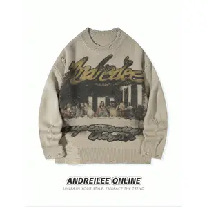 Men's Street Style Long Sleeve Crewneck Sweater, French Oil Painting Print, Raw Hem Design, Casual Loose Fit Knitwear for Spring & Fall