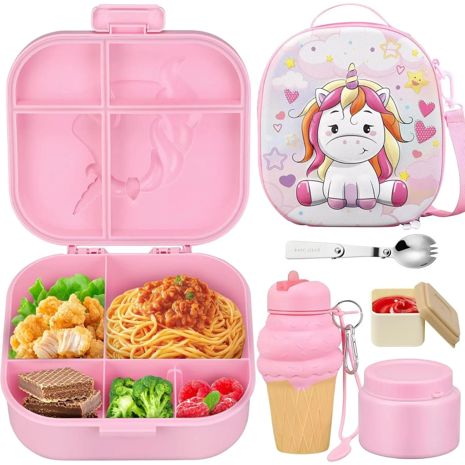 Bento Lunch Box with 12oz Soup Thermo,  Leakproof Lunch  Containers with 4 Compartment,Insulated Hot  Jar with Lunch Bag for School, Travel (+ Jar)