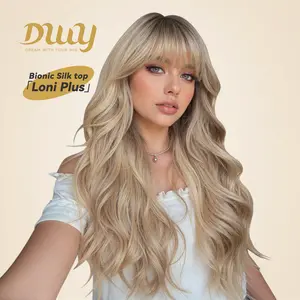 Loni Plus C-DWY New Technology! Bionic Silk Top 24-Inch Long Wave Light Brown Glueless Synthetic Wig with Bangs for Women High-Quality Premium Fiber Easy Wear Comfortable Fit