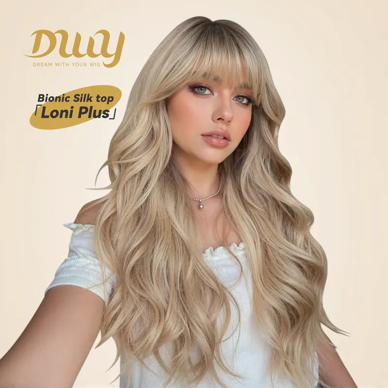 Loni Plus New Color DWY Bionic Silk Top Glueless Synthetic Wig for Women - 24-Inch Long Wave Light Brown with Bangs, Premium Fiber, Easy Wear, Comfortable Fit, Hair Transitions