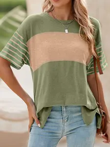 A women's color-blocked pullover round-neck casual striped short-sleeved Fitted T-shirt top, suitable for summer, suitable for street wear and home wear, Streetwear, Womenswear