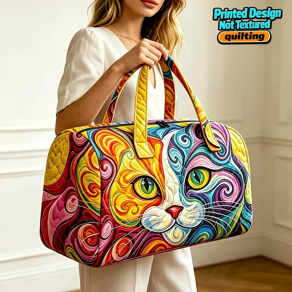 Printed Design – Not Textured. Quilted Women's Large-capacity Travel Bag, Quilted Outdoor Travel Luggage Storage Bag, Fitness Yoga Bag, Shoulder Tote Bag, 2D Flat