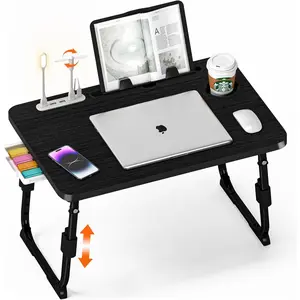 None|Laptop Desk for Bed Height Adjustable, Lap Bed Table with USB/Storage Drawer/Cup Holder/Tablet Stand/Book Shelf, Foldable Breakfast Tray Portable for Reading Writing, Sofa & Floor, Black