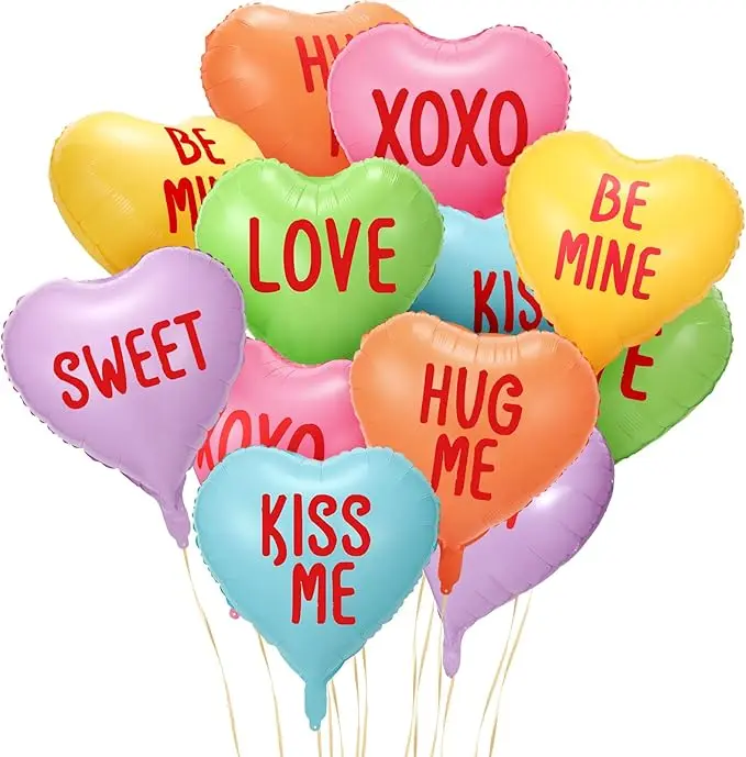 12 Pcs Valentine's Day Candy Heart Balloons 18 Inch Foil Balloons Heart Shaped Balloons XOXO Love Sweet Be Mine Kiss Me Hug Me Foil Heart Balloons Valentine's Day Wedding (Colorful)