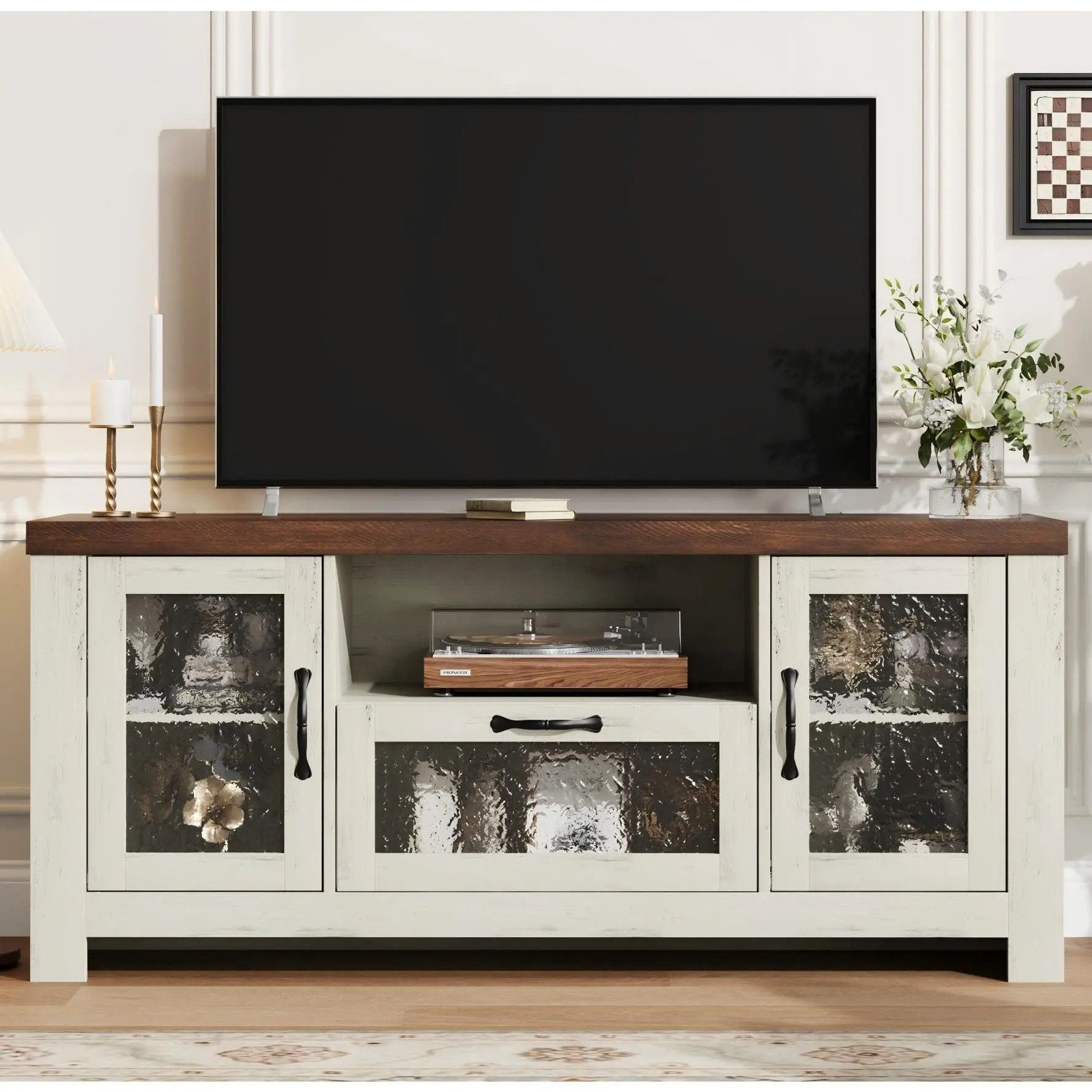 Garvee Farmhouse TV Stand - 65-Inch Screen Compatible Indoor Furniture with Acrylic Door, Adjustable Shelves, Sideboard Buffet Storage Cabinet (White & Brown) for Living Room