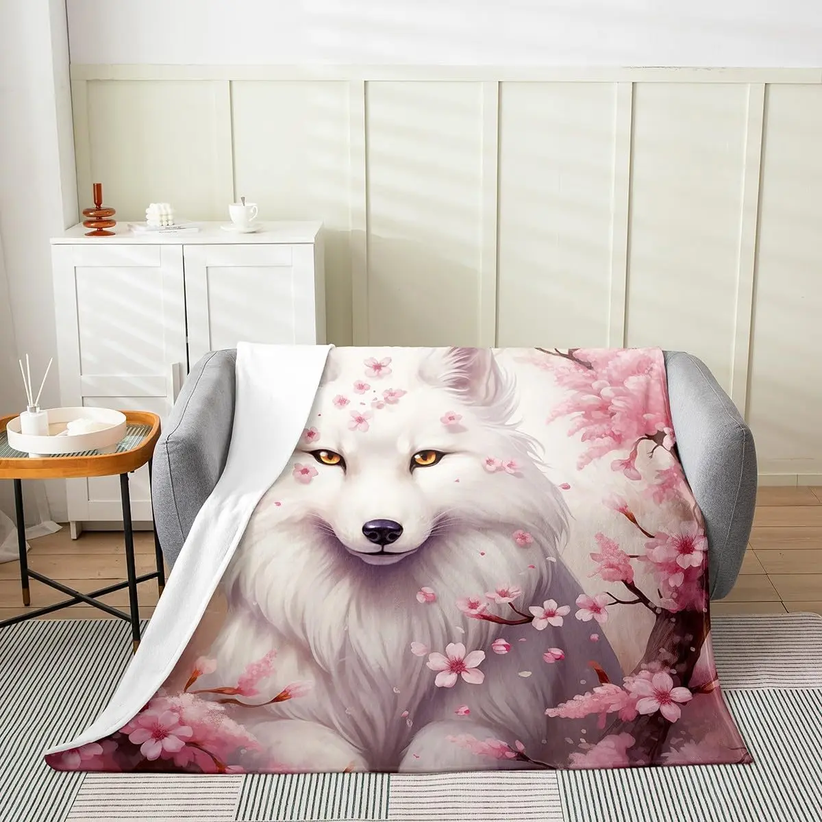 Feelyou White Fox Flannel Soft Fleece Throw Blanket - Queen Size 90"x90", Lightweight Microfibre, Cute Cartoon Fox & Cherry Blossom Botanical Fuzzy Bed Blanket, Soft Fleece Blanket