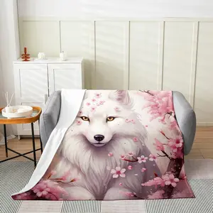 Feelyou White Fox Flannel Soft Fleece Throw Blanket - Queen Size 90"x90", Lightweight Microfibre, Cute Cartoon Fox & Cherry Blossom Botanical Fuzzy Bed Blanket, Soft Fleece Blanket