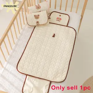 Cream Bear-Patterned Portable Diaper Changing Pad, Foldable and Breathable Polyester with Adjustable Strap for Newborn Travel, Secure Closure and Diaper Pouch