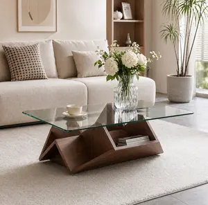 MUUOKY Modern Coffee Table with Storage, Tempered Glass & MDF, Walnut Finish with Spacious Compartments for Living Room or Office
