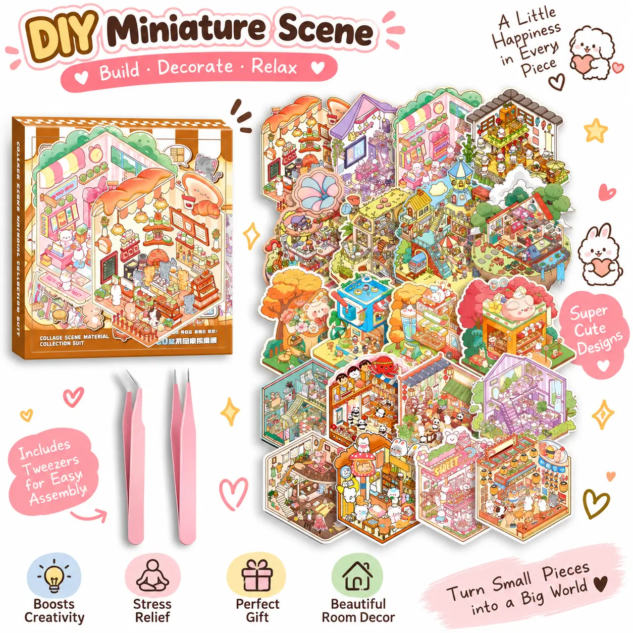 Halloween Fall Gift DIY 3D Sticker Scenes 20 Sets of Stickers for Girls Make Your Own Mini Shop House Scene Stickers for Kids Cute Fun Cartoon Animal Sticker Therapy for Adult Relief Stress Pass The Time (A Sets Boxed)