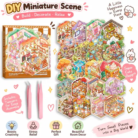 Christmas Gift DIY 3D Sticker Scenes 20 Sets of Stickers for Girls Make Your Own Mini Shop House Scene Stickers for Kids Cute Fun Cartoon Animal Sticker Therapy for Adult Relief Stress Pass The Time (A Sets Boxed)