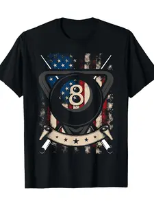 Men'S Vintage American Flag Pool Player T-Shirt - 8 Ball & Pool Cues Graphic, 100% Lightweight Breathable Crew Neck Tee, Retro Billiards Design with Stars & Stripes, Casual Fit Drop Shoulder for Pool Parties, Casual Wear & 4th of July Events - All-Season