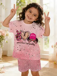 Pink Gold Sequin New York Baby Girls Set, Digital Printed 100% Polyester Infant and Toddler Short Sleeve Outfit, Cute Casual Clothing for Baby Girls, T-shirt Suitable for Daily Wear and Outdoor Sports, Perfect Gift for Infants and Toddlers