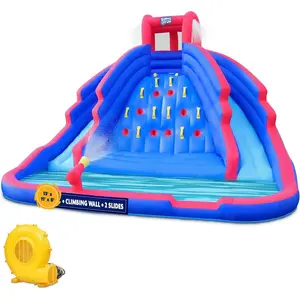 Sunny & Fun Ultra Climber Inflatable Water Slide Park with Climbing Wall Slides & Pool Red Blue Durable Nylon Fabric Easy to Assemble Deflate Carry