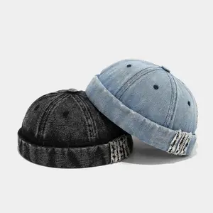 Vintage Washed Denim Brimless Hat for Men & Women Distressed Docker Cap Adjustable Casual Sailor Cap Skullcap Beanie Hat Premium Cotton Retro Appeal