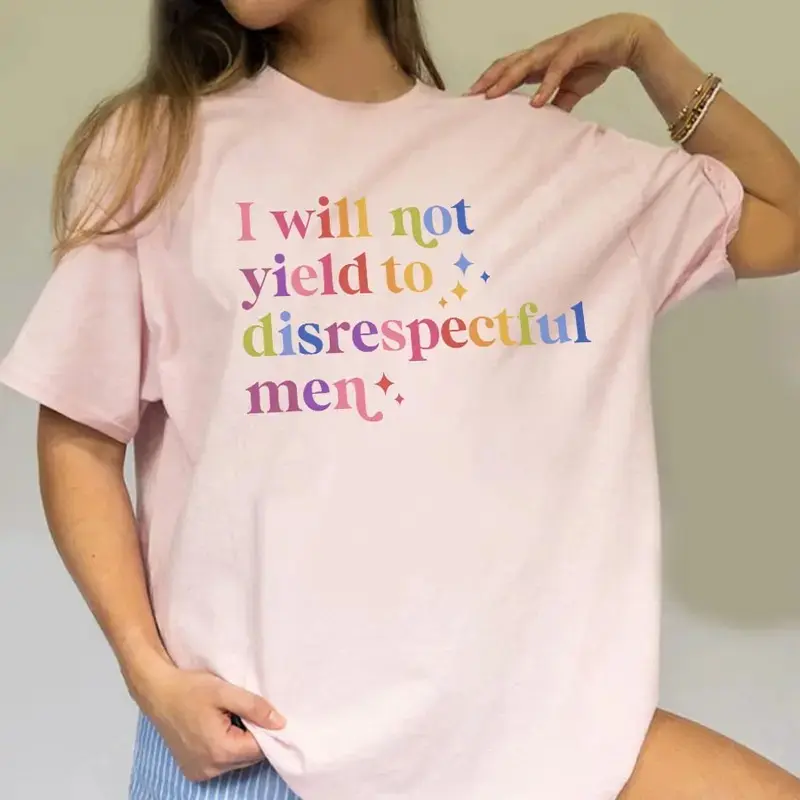 Comfort Colors Women's Soft Cotton Crewneck T-shirt - AOC Quote Feminist Streetwear, Loose Oversized Fit, Liberal Protest, FDT Resistance Graphic, "I Will Not Yield to Disrespectful Men", Fabric, Breathable