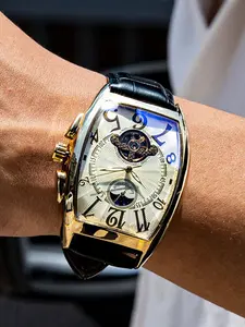 Barrel-Shaped Mechanical Watch with Hollow Movement, Classic Vintage Business Men's High-End Casual Automatic Watch, Gift Box Packaging Included, Mineral Glass, Skeleton Dial