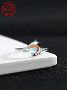S925 Sterling Silver Moonstone Ring, Adjustable Open Design, Hypoallergenic, Fashionable Daily Wear, Perfect Gift Idea