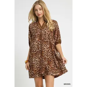 Umgee Full Size Leopard Print Mini Dress with Contrast Trim Plus Size