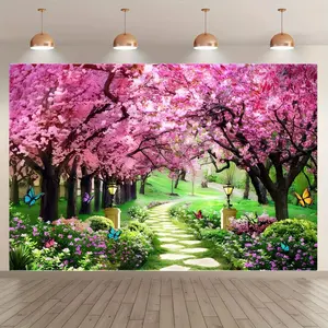 Cherry Blossom Pattern Backdrop, 1 Count Spring Scenery Background Banner, Wall Decoration, Birthday Background, Photography Background, Indoor and Outdoor Decoration