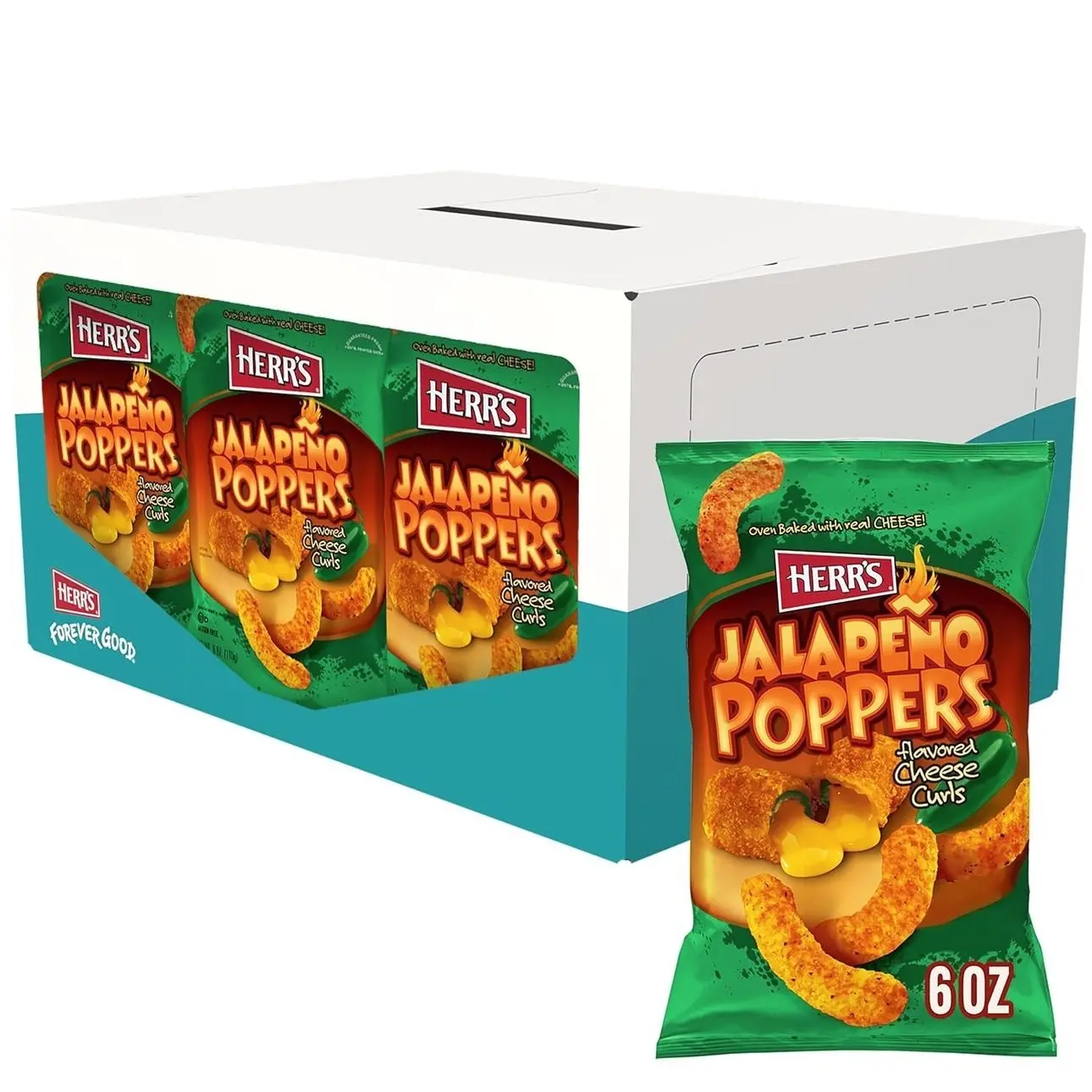 Herr's Jalapeño Poppers Flavored Cheese Curls - Made with Cheddar Cheese - 1.23 Ounce (Pack of 24) Great for Bold Flavor Fans