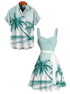 2025  Couple Set Women's Hawaii Vacation Beach Palm Tree Print Belted Mini Dress And Men's Short Sleeve Shirt Matching Outfit